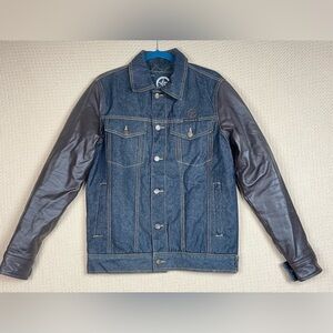 protocol parish BY JIMMY JONES varsity jacket denim leather  retail $348+tax